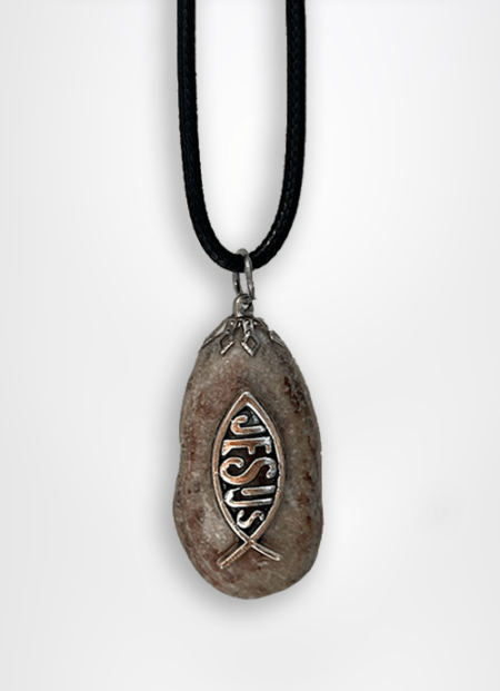 Holy land jewelry Sea of Galilee pebble stone pendant designed with a fish and jesus caption