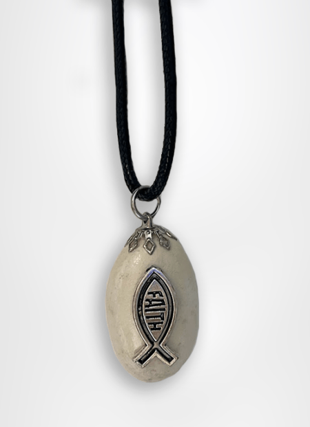 Holy land jewelry pebble stone pendant designed with a fish and faith caption