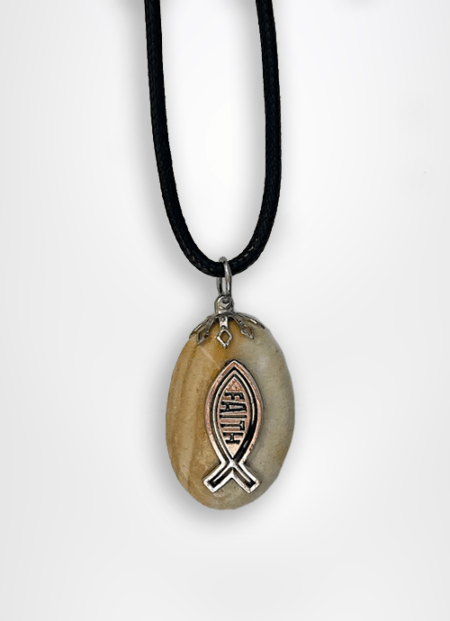 christian souvenir pebble stone pendant designed with a fish and faith caption