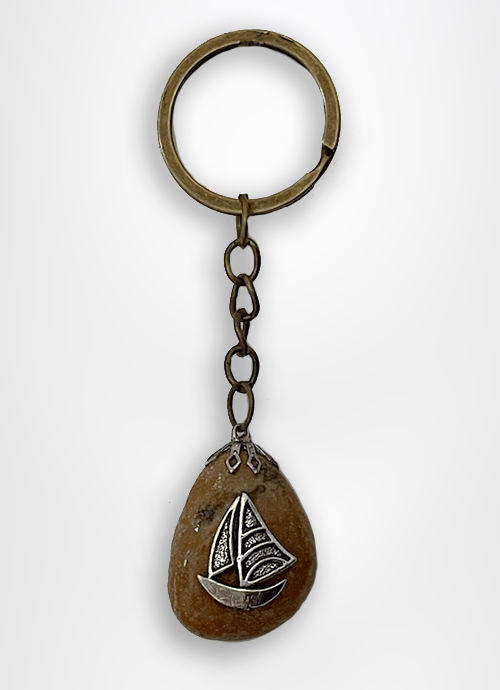 Holy Land gifts Sea of Galilee pebble stone key chain designed with an ancient fishing boat