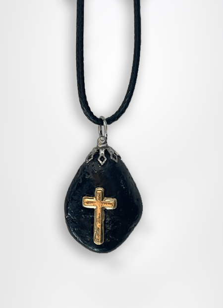 holyland souvenir pebble stone pendant designed with a golden cross