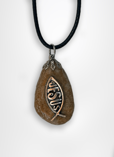 Sea of Galilee pebble stone pendant designed with a fish and jesus caption