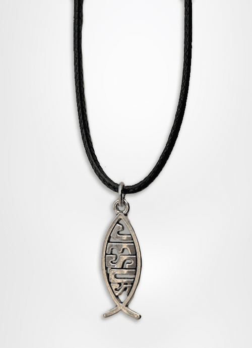 Handmade pendant designed with Ichthys and Jesus caption